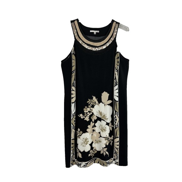 Studio One Women's Sz 14 Black & Floral Sleeveless Dress Beaded Ruffled Detail - Picture 1 of 12